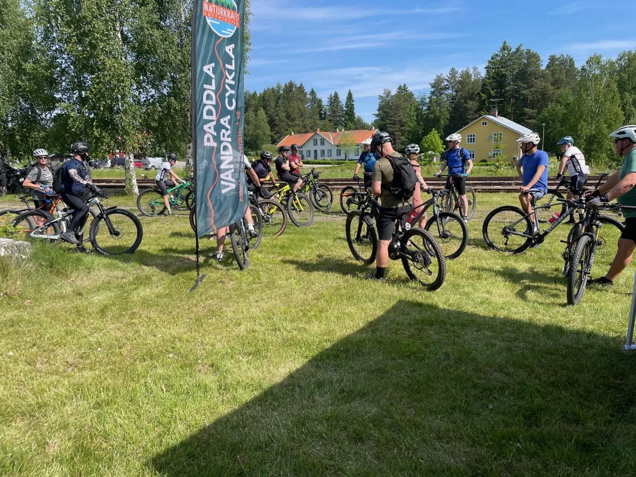 Cykelfesten foto 2 En arborist sitter högst upp i ett träd och sågar av toppen. BLå himmel i bakgrunden.
